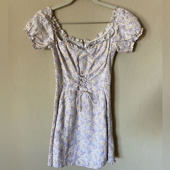 Reformation Miami Mini Cream Purple Dress Floral Shoulder Off Size 2 - Picture 8 of 11